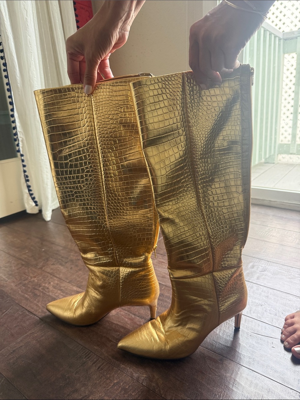 Paris Texas Metallic Gold Croc-Embossed Over-the-Knee Stiletto Boots